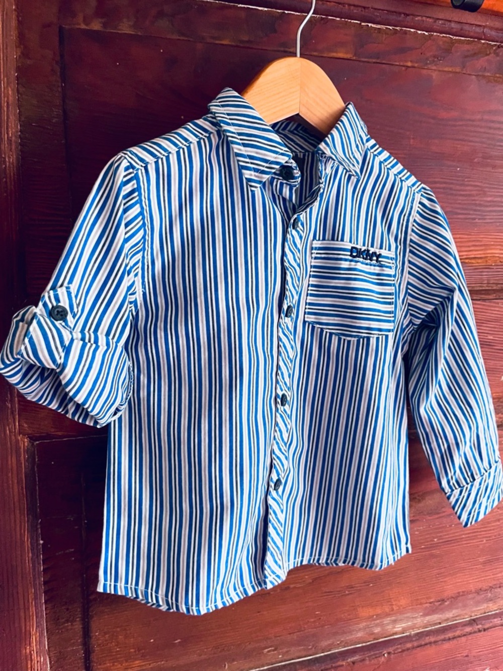 3/$21💥DKNY NEW Pinstripe Special Occasion Button-Down Shirt, Roll Up Cuffs, Blue